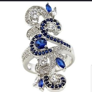 💙WoW Huge Silver & Sapphire Long Swirl Ring sz 8